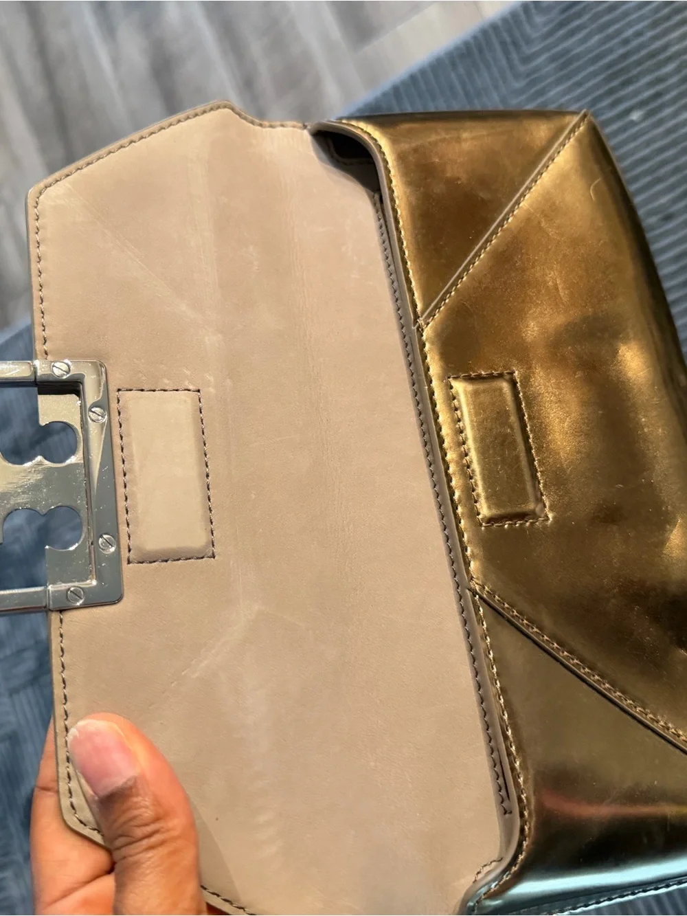 Tory Burch Metallic Gold Envelope Clutch with Logo Turnlock